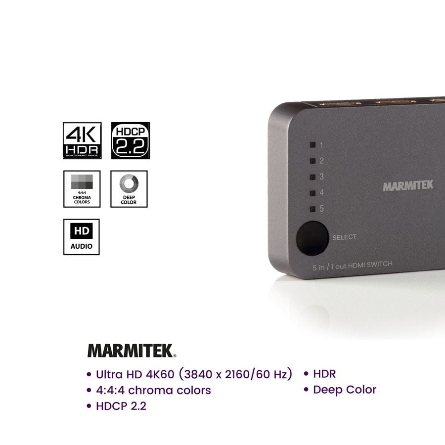 Switch HDMI Marmitek Connect 350 UHD 2.0 – 5 Ingressi, 1 Uscita, 4K60 E HDR Con Telecomando